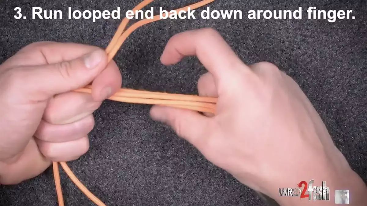 step 3 of tying the 3-tag fishing knot