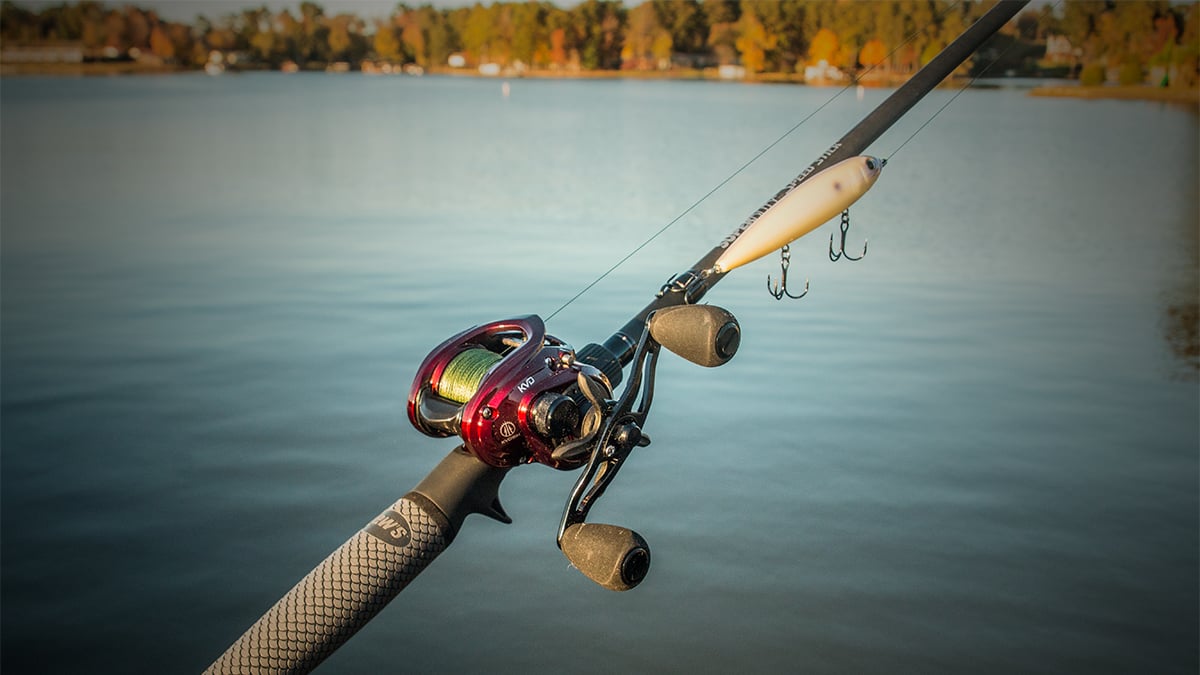 bass fishing rod and reel with fishing lure