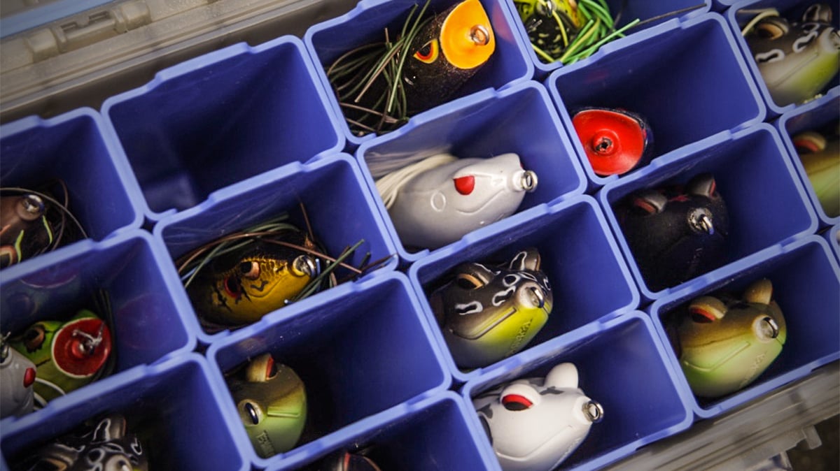 topwater frogs in a bass fishing tackle box