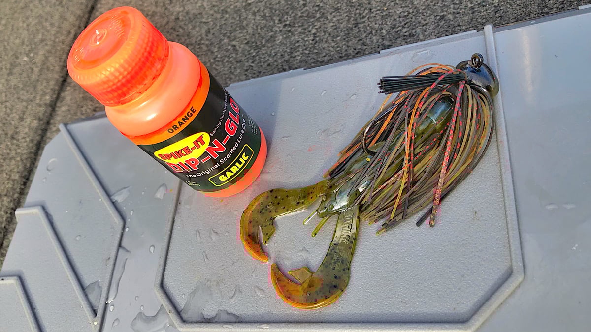 bass fishing jig with soft-plastic crawfish trailer