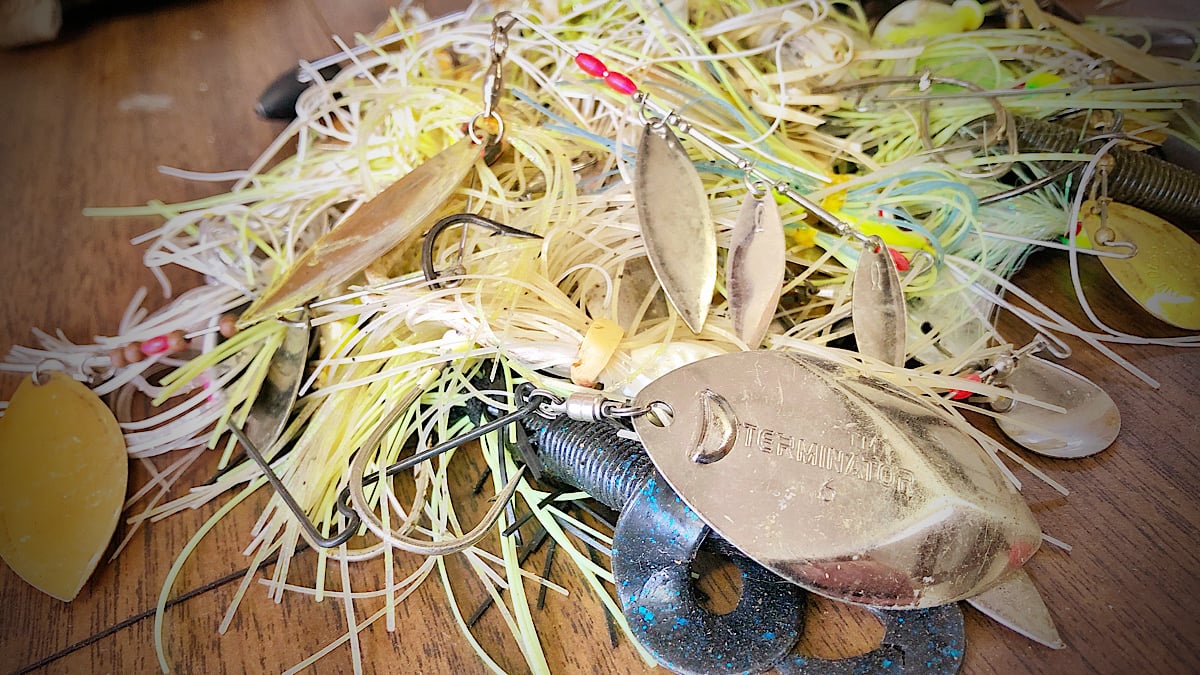 pile of used bass fishing spinnerbaits