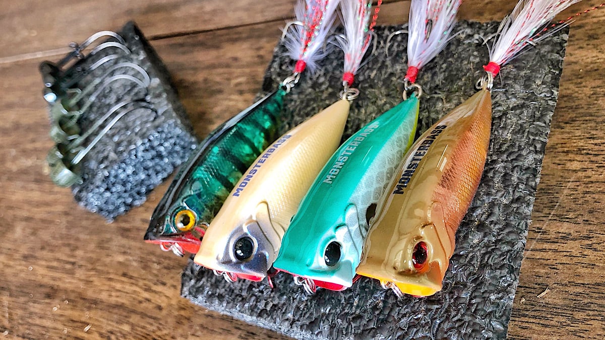 bass fishing lures on styrofoam