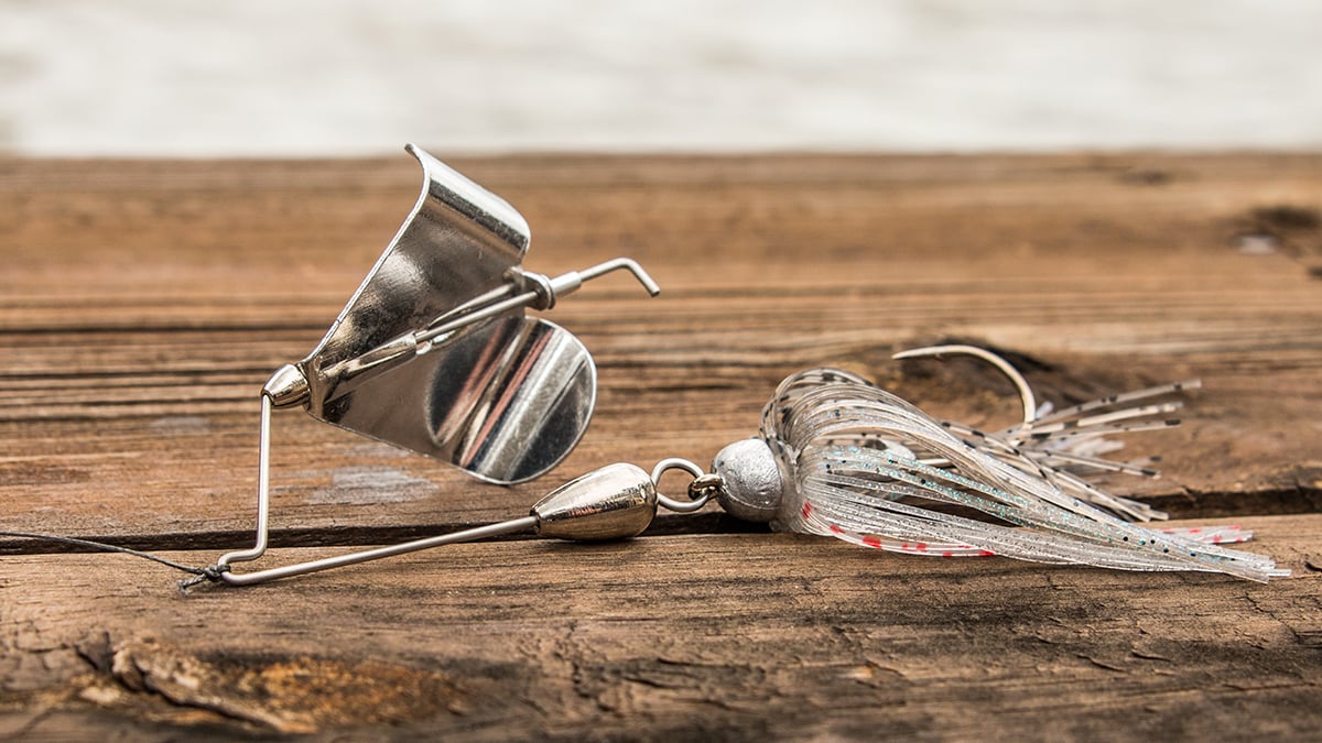 buzzbait for bass fishing sitting on dock