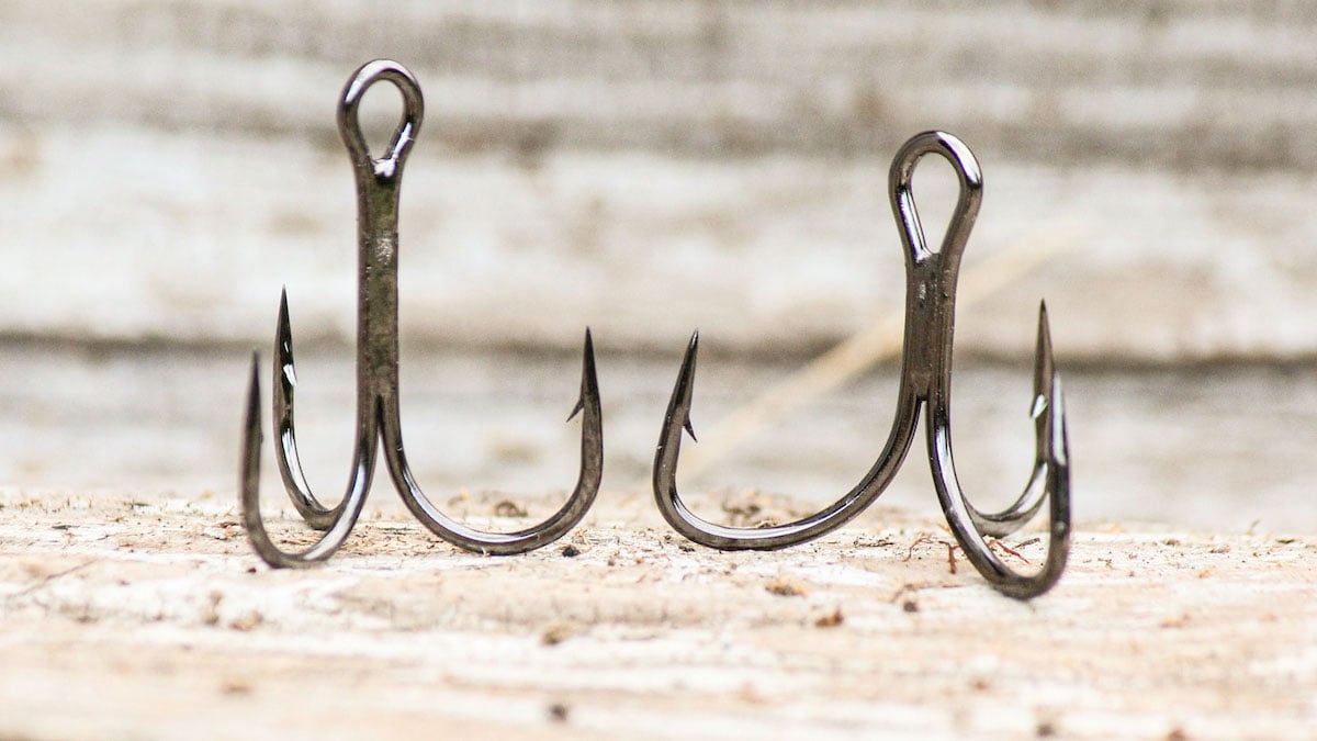 two bass fishing treble hooks