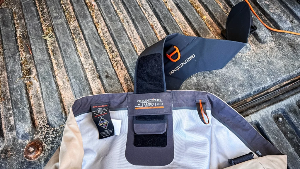 Close-up photo of the Grundens Boundary Zip Wader suspension system