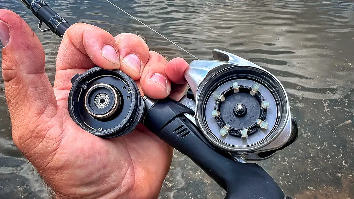 Shimano Tranx 300 B Baitcast Reel with sideplate removed brake system