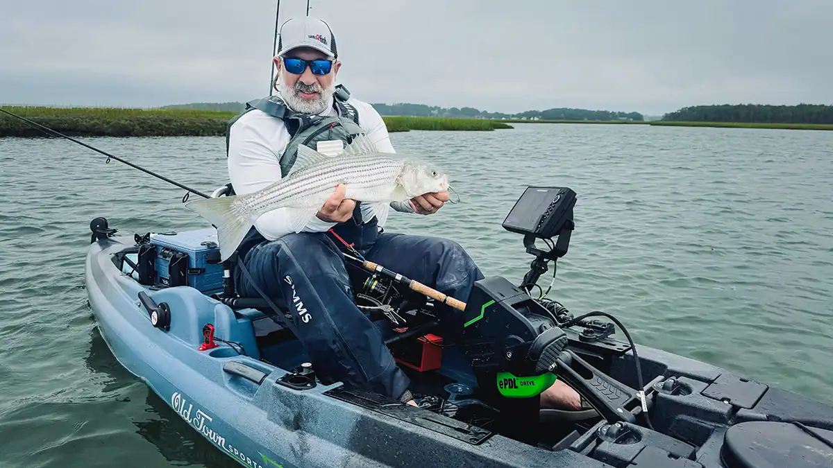 kayak angler with a striped bass