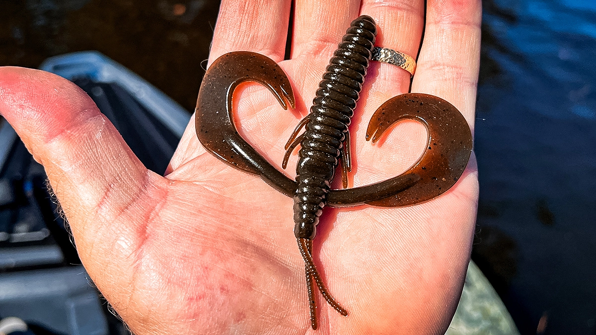 A closeup of a Deps BM-Hog Creature Bait held in an open palm