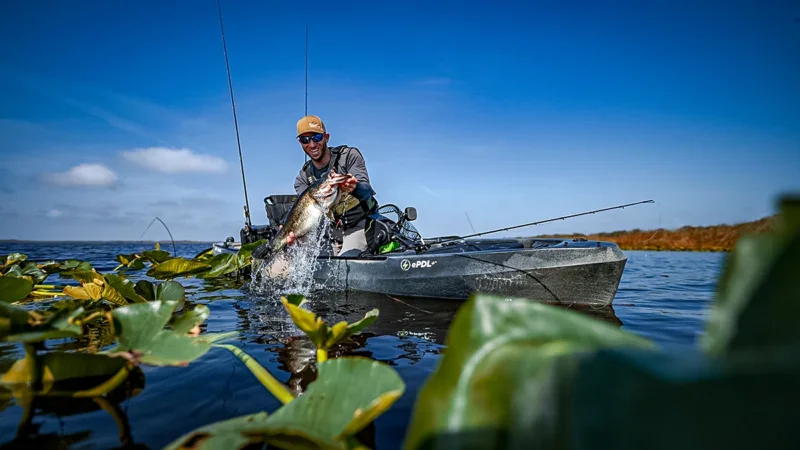 A man catches a fish in a kayak in a weedy area