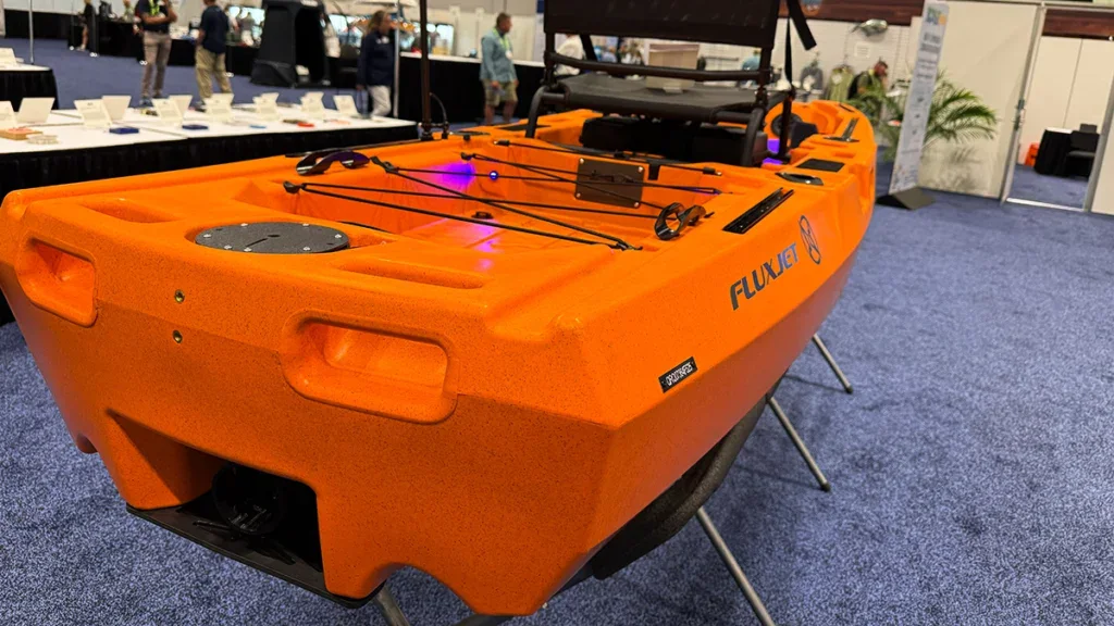 The rear of a FluxJet kayak displayed during a trade show