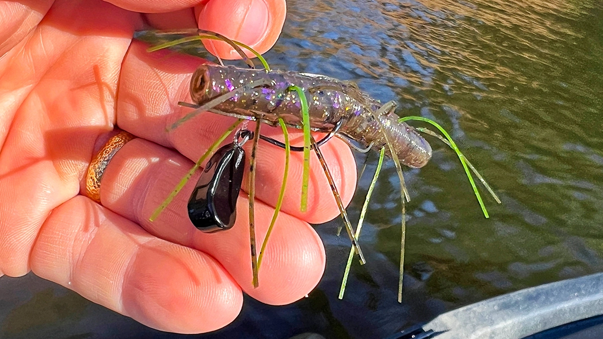 A hand holds a Frenzy Baits Wack-A-Sack Wacky Jig with a Round Bend Hook over the water