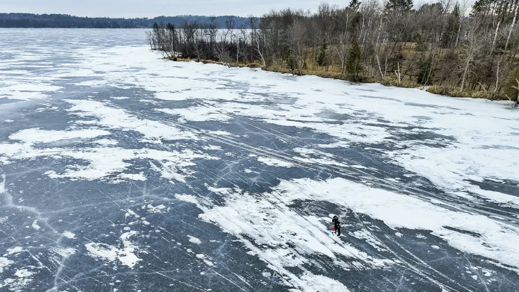 Birds eye view of a frozen lake