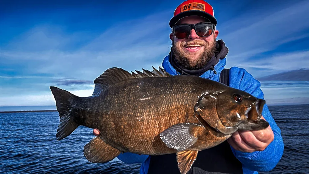 A man in sunglasses holds a winter-caught bass.