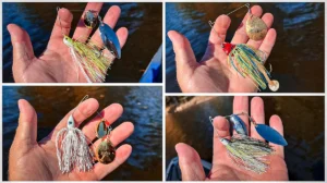 Four images of a hand holding different spinnerbait configurations. Clockwise from top left: Colorado and willow blades; a single Colorado blade; double willow blades; and double Colorado blades