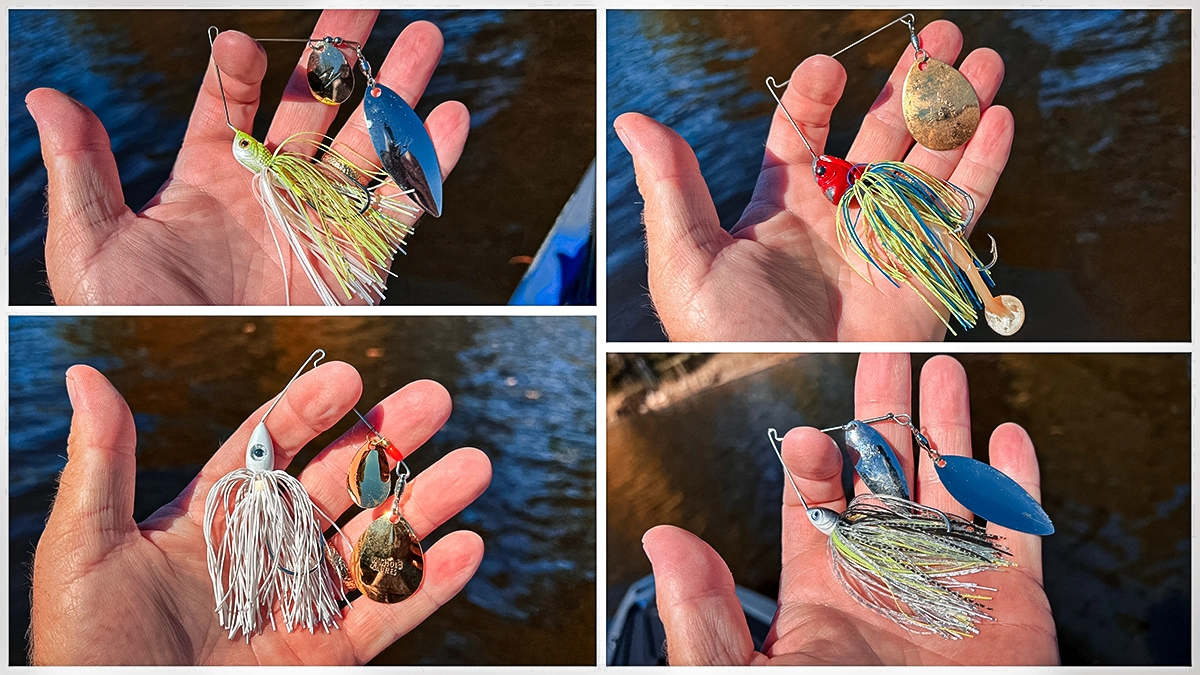 Four images of a hand holding different spinnerbait configurations. Clockwise from top left: Colorado and willow blades; a single Colorado blade; double willow blades; and double Colorado blades