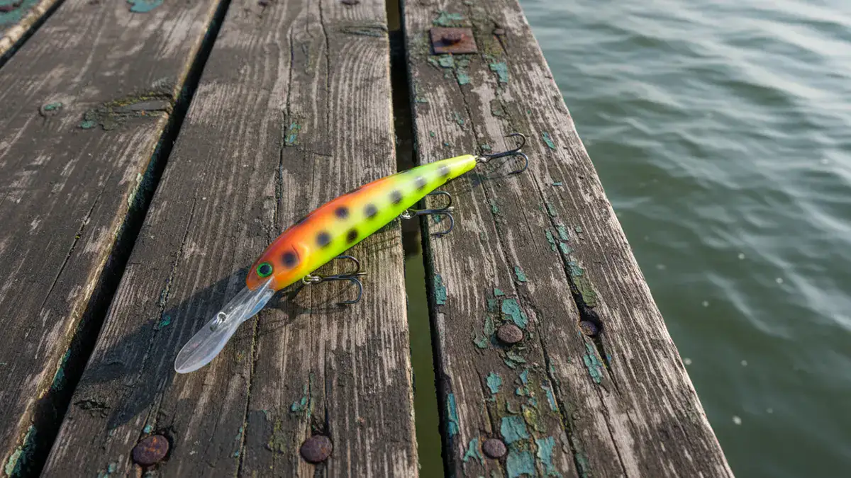 Bandit Walleye Deep Crankbait lure near the edge of a weathered dock
