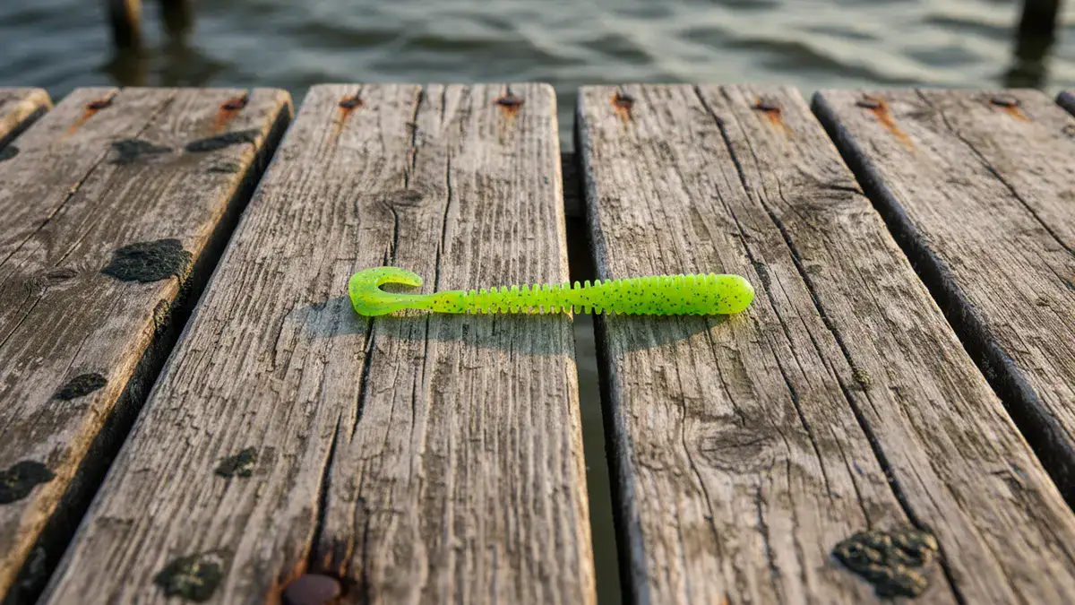 A bright yellow-green Berkley PowerBait Rib Worm lure on a dock
