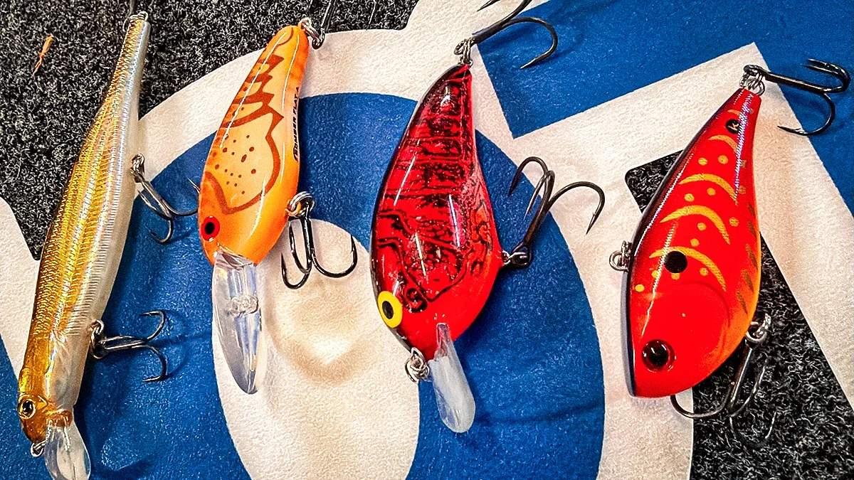 A row of four lures used by Stetson Blaylock of Arkansas