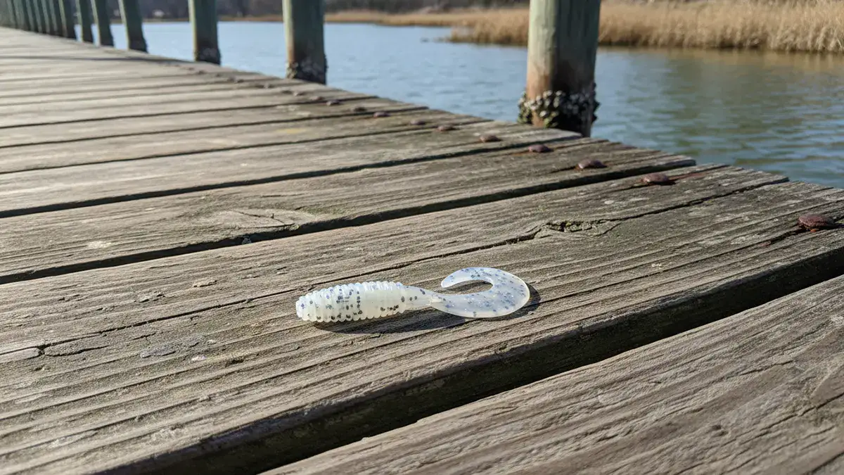A Kalin’s Lunker Grub lure on a dock with water in the background