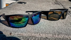 Leupold Performance Eyewear Switchback Sunglasses: emerald mirror lenses to the left and Daylight Max to the right