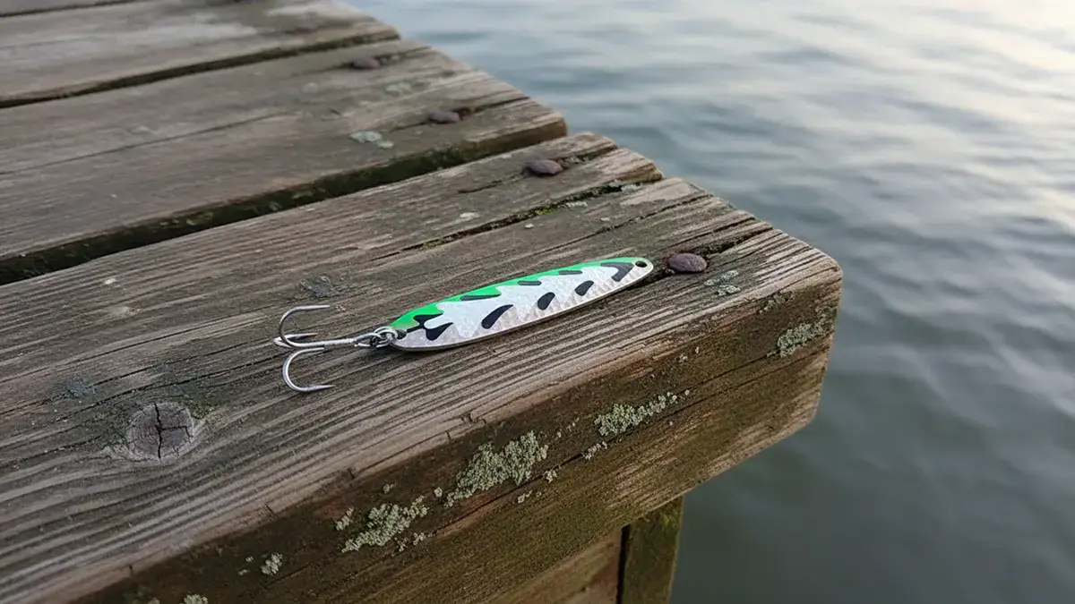A green and silver Michigan Stinger lure on the corner of a dock with water beneath it