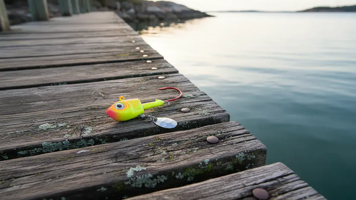 A brightly colored Northland Thumper Jig lure sits on a dock that leads to the shore