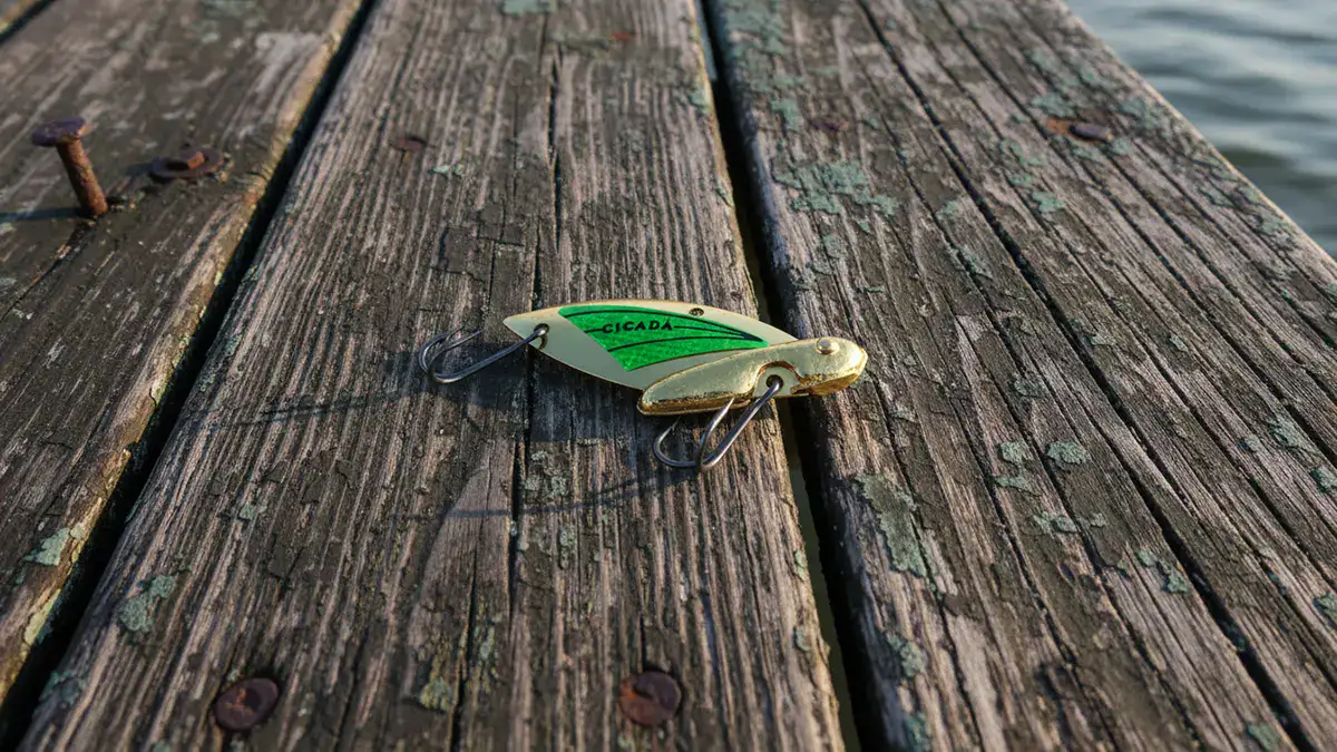 A gold and green Reef Runner Cicada lure is positioned on a dock