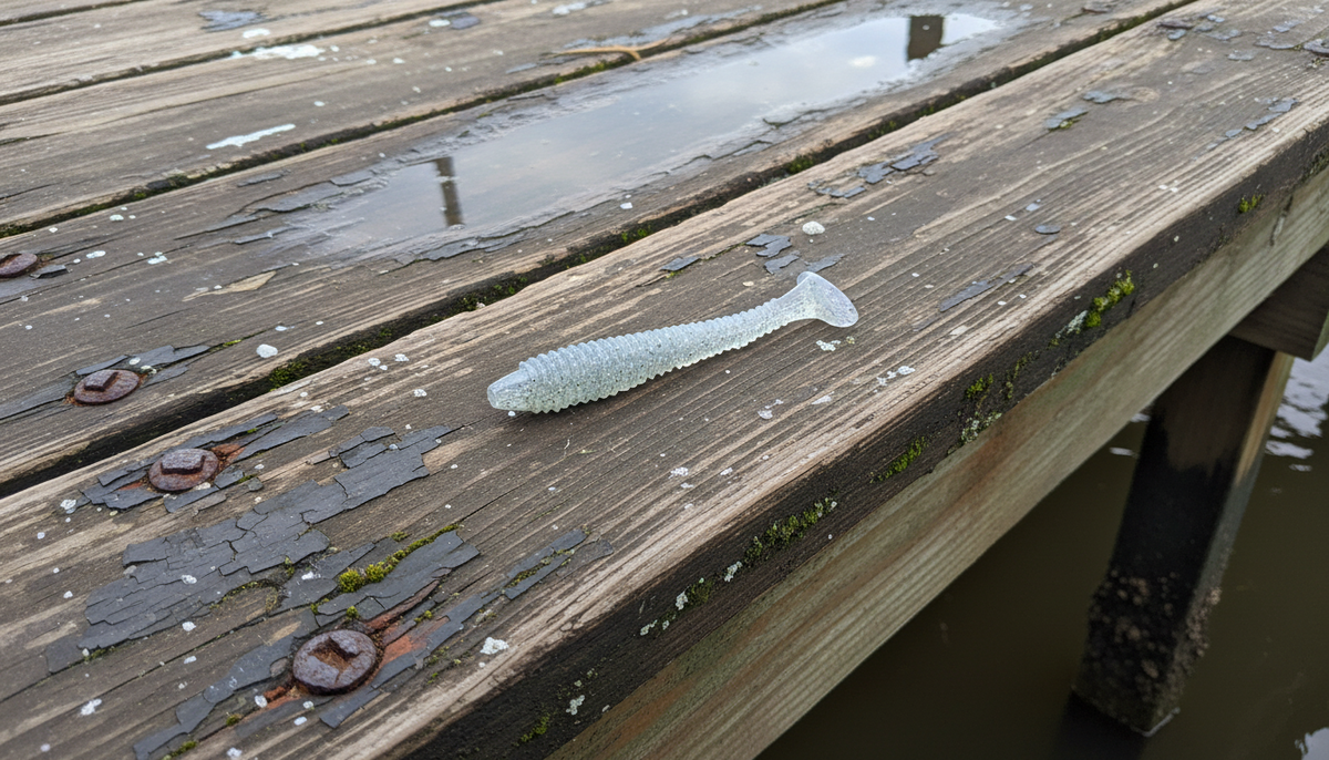 A Strike King Rage Swimmer 24 sits on the wet edge of a dock