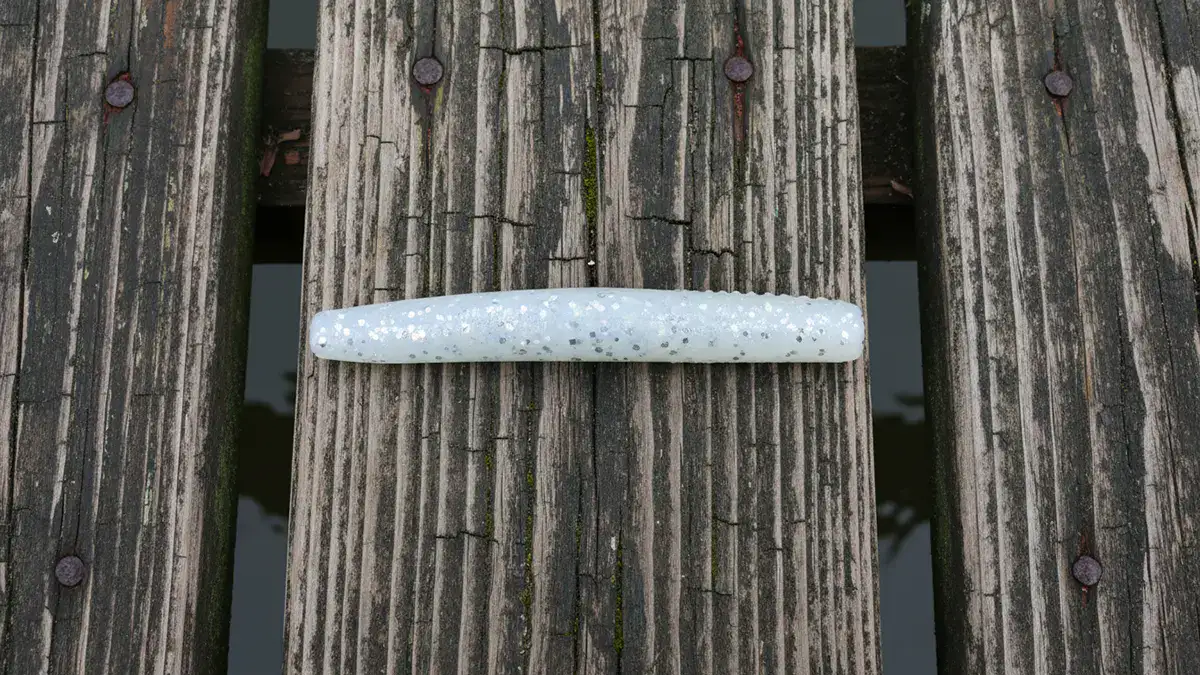 A white and silver-flecked Zman TRD lure