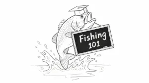 line drawing of a fish in a graduation cap holding a chalkboard sign in its mouth that says Fishing 101