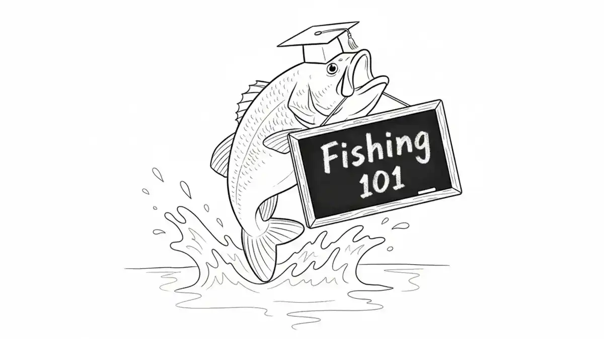 line drawing of a fish in a graduation cap holding a chalkboard sign in its mouth that says Fishing 101