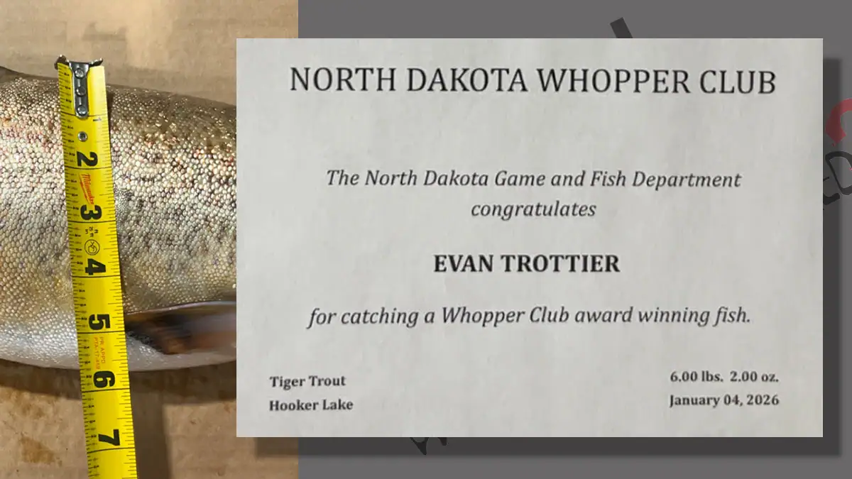 The North Dakota Whopper Club recognizes big catches like Evan Trottier's record-setting tiger trout.