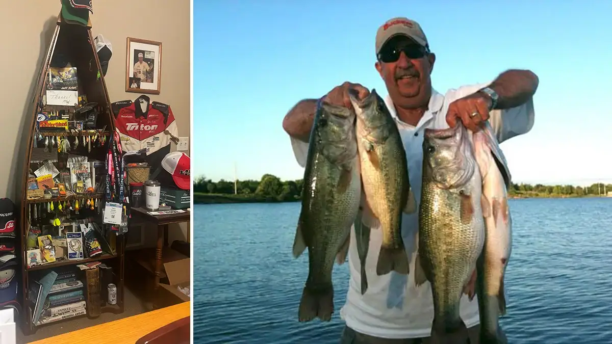 Terry Brown's collection of fishing memorabilia to the left, and four caught fish to the right