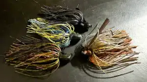 Four DIY jigheads with skirts.