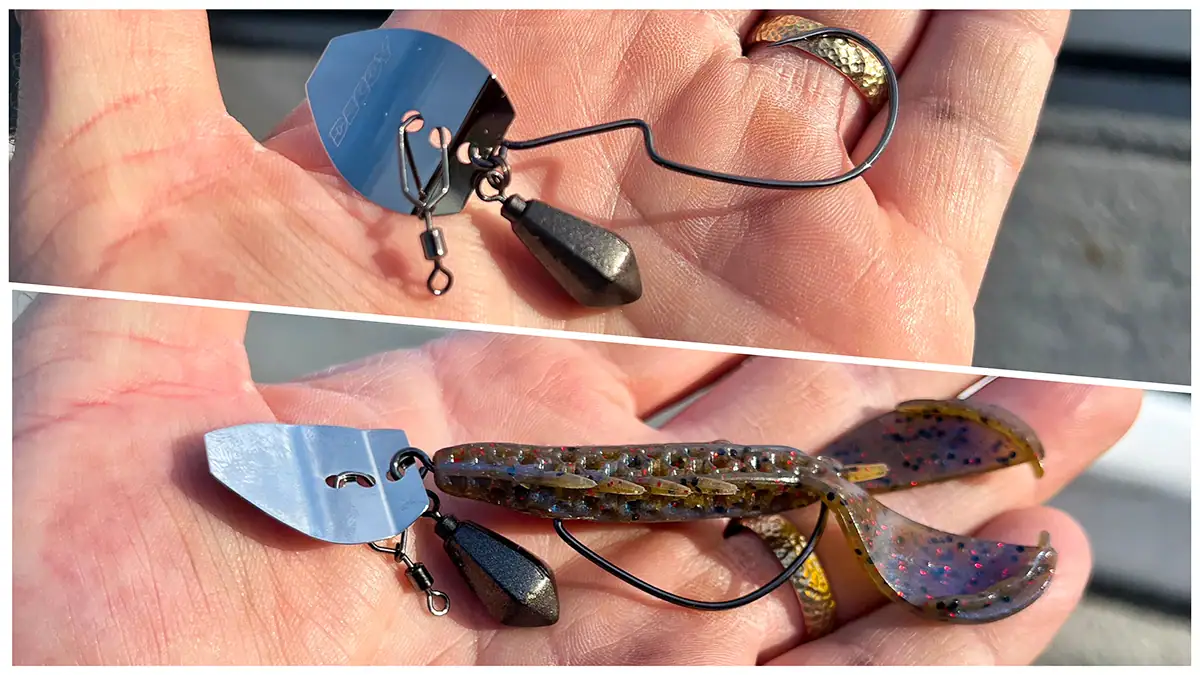 A composite image showing the Decoy Zero-Dan Flash Bladed Jig on top, and rigged with a green pumpkin creature bait on bottom.