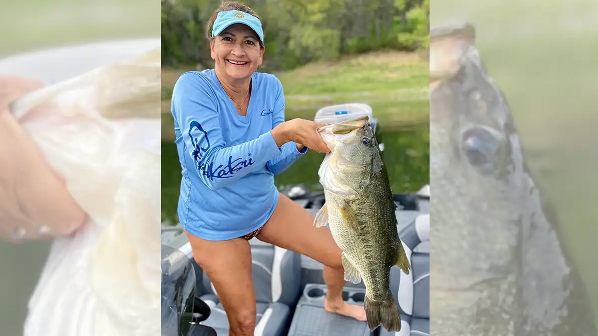 Lisa Rice and the 10-pound bass she caught and released at California’s Lake Nacimiento.