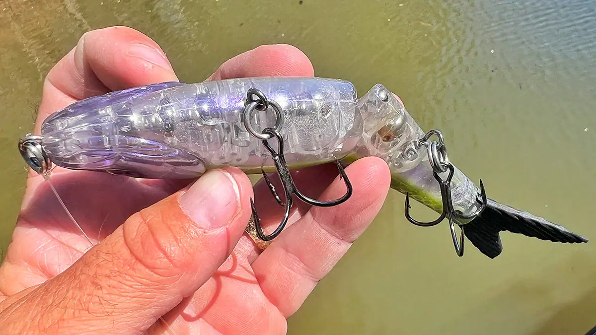 The bottom view of Strike King's Hog Father Jr. shows both of its hooks.