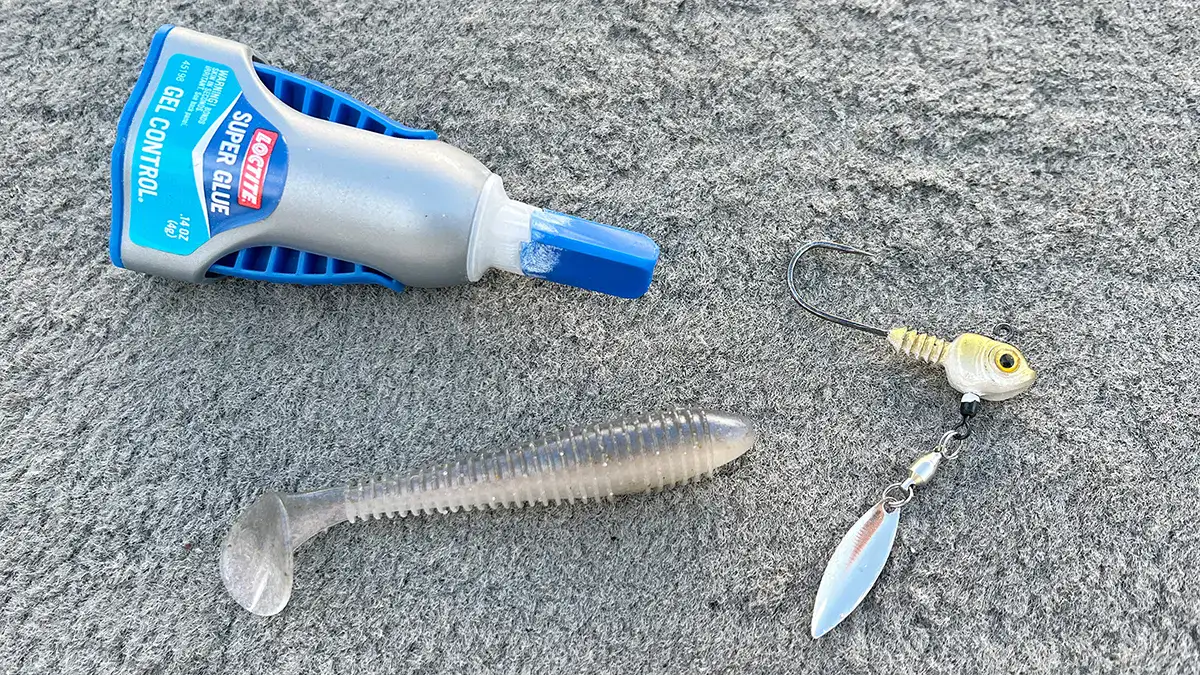 Using superglue to secure a soft plastic bait to a hook or bait keeper can extend the life of the bait.