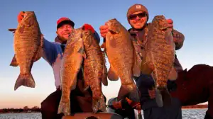 Two men and their five fish are cast in golden-hour light.