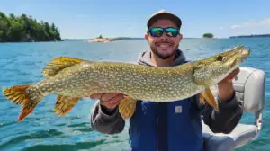 Holding up an early-season Northern Pike with water and distant land in the background.
