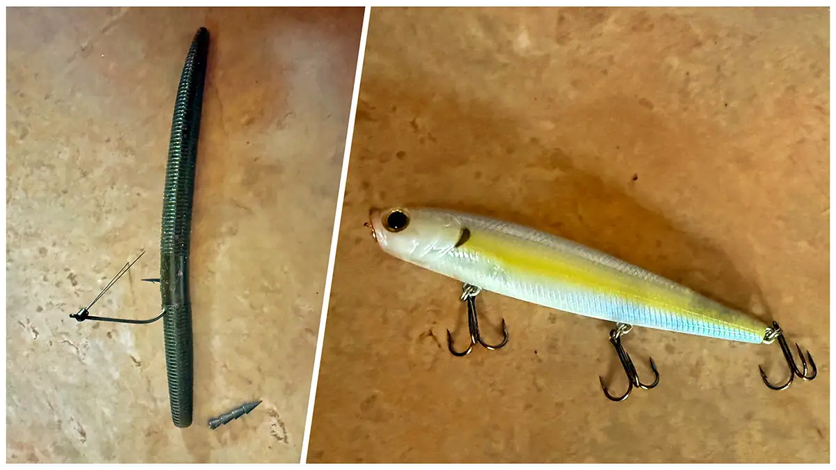 What Lures Brent Ehrler is Throwing in June 2026: A Neko rig (left) and Lucky Craft Gunfish.