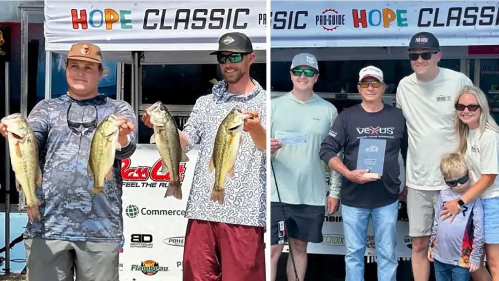 The first-ever Pro-Guide Batteries HOPE Classic's second-place team of Landon Edwards and Drew Sagely (left), and third-place team (right) of Robert Moody and Jim Thompson.