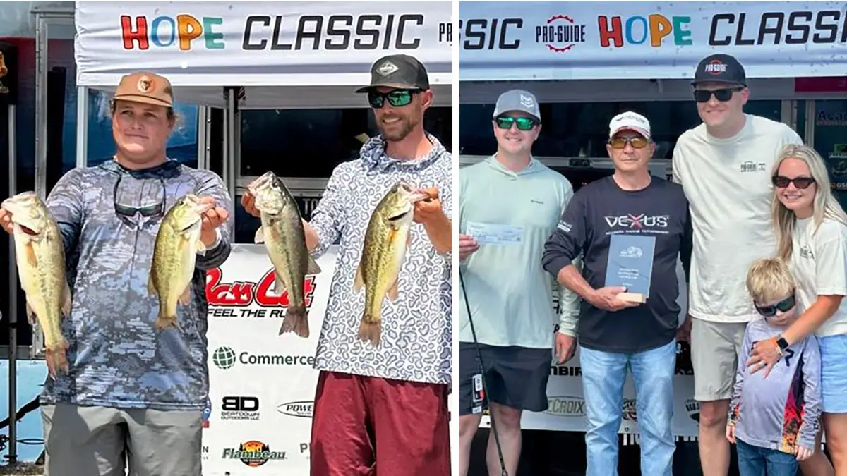 The first-ever Pro-Guide Batteries HOPE Classic's second-place team of Landon Edwards and Drew Sagely (left), and third-place team (right) of Robert Moody and Jim Thompson.