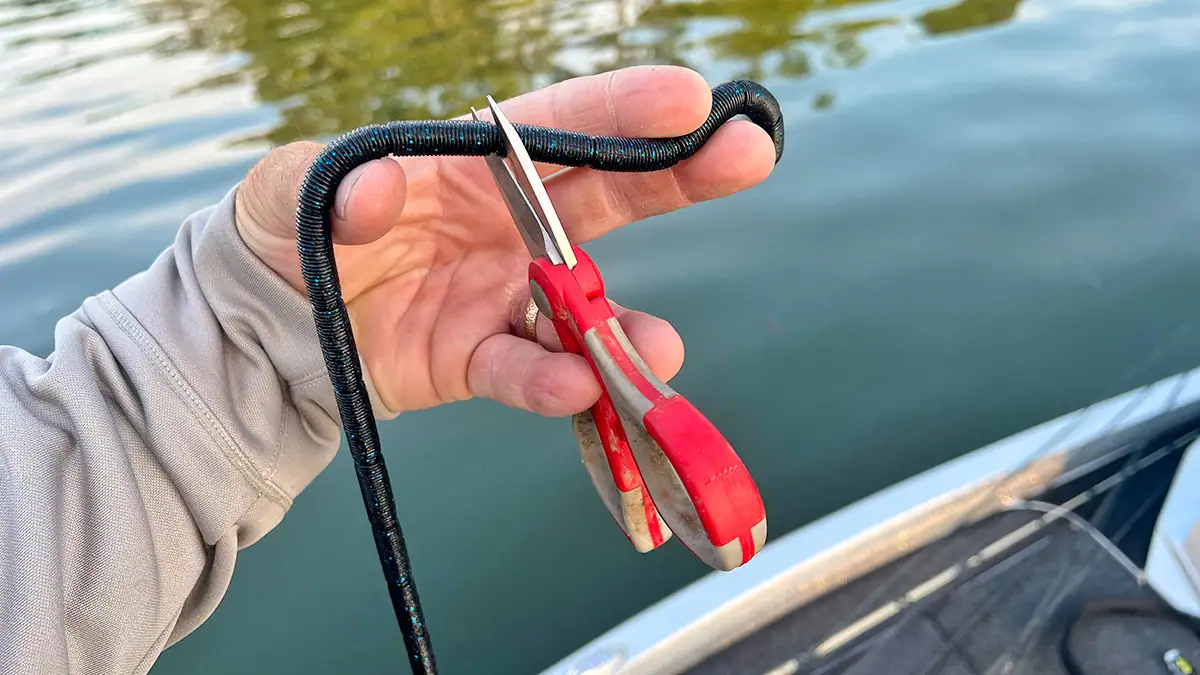 Cutting off a segment of the 32-inch WURM Stickity Split lure.