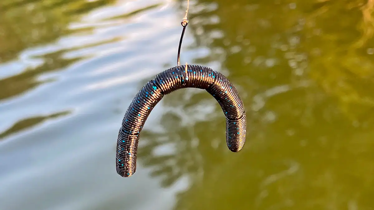 A five-inch segment of the 32-inch WURM Stickity Split lure on a hook.