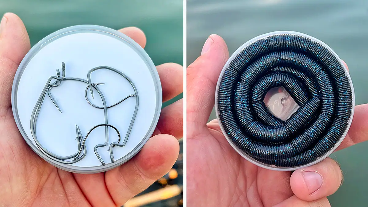 The WURM Stickity Split lure includes hooks (left) and comes coiled in a 32-inch segmented worm (right).