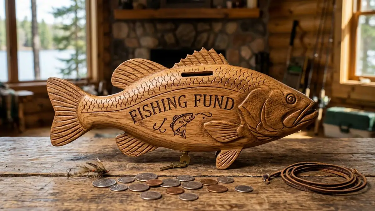 A wooden bank in the shape of a fish with the words "Fishing Fund" carved on the side. Generated by Adobe Firefly.