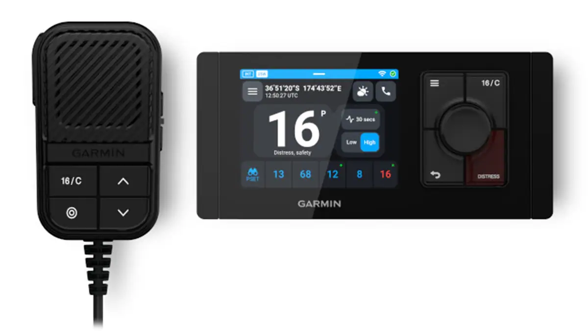 The Garmin Signal VHF marine radio and remote HR front.