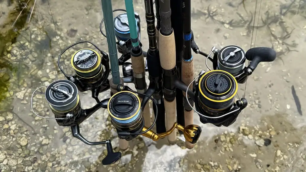 A group of spinning reels