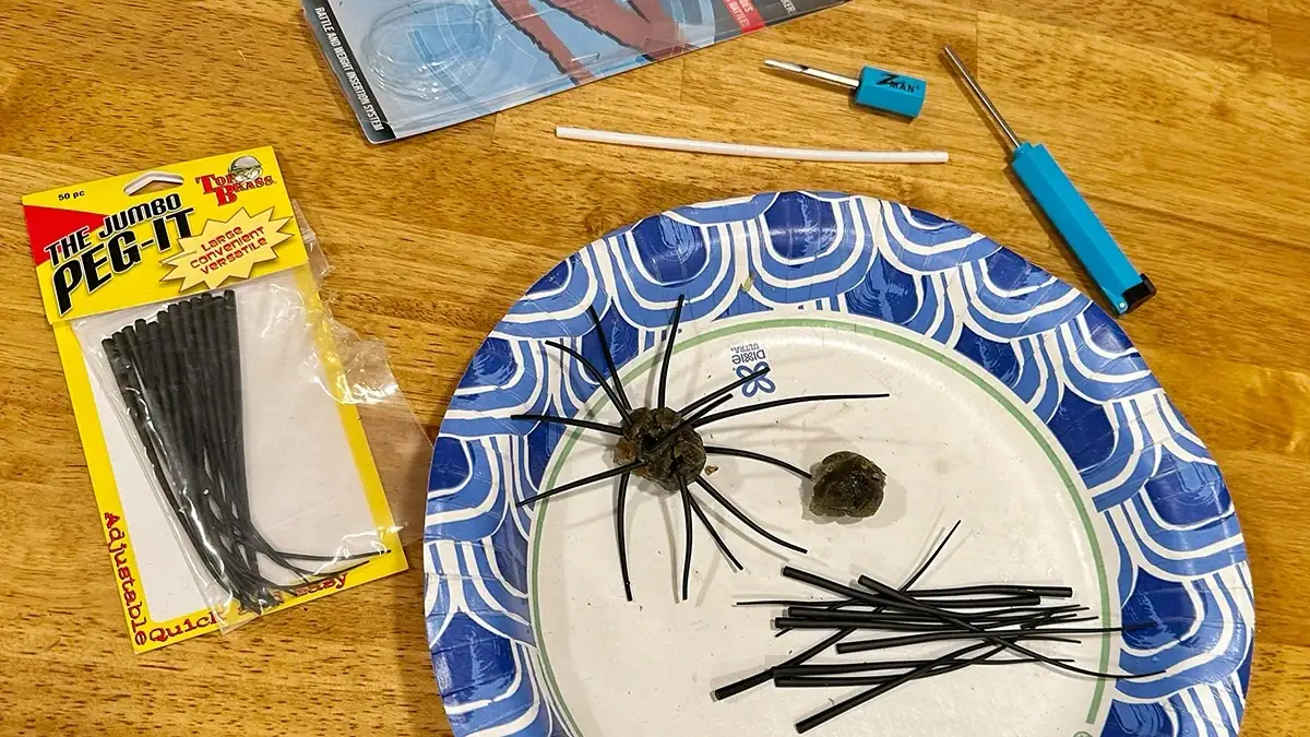 The tools, materials, and process of making a DIY urchin bait.
